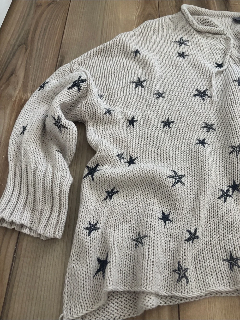 WOODEN SHIPS STARFISH SEA STAR Beach coastal SWEATER Sz MED / LARGE Beige Crop